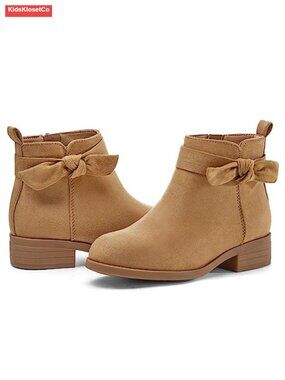 Girls Toddler Ankle Boots Low Chunky Heel Side Zipper Cute Bowknot Faux Suede